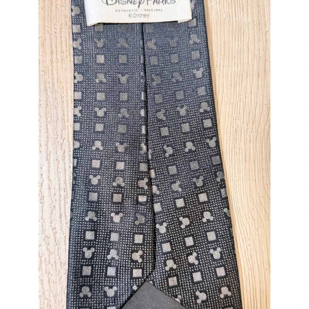 Disney Parks Mickey Mouse Silk Tie Black Charcoal Grey Geometric Pattern Mens